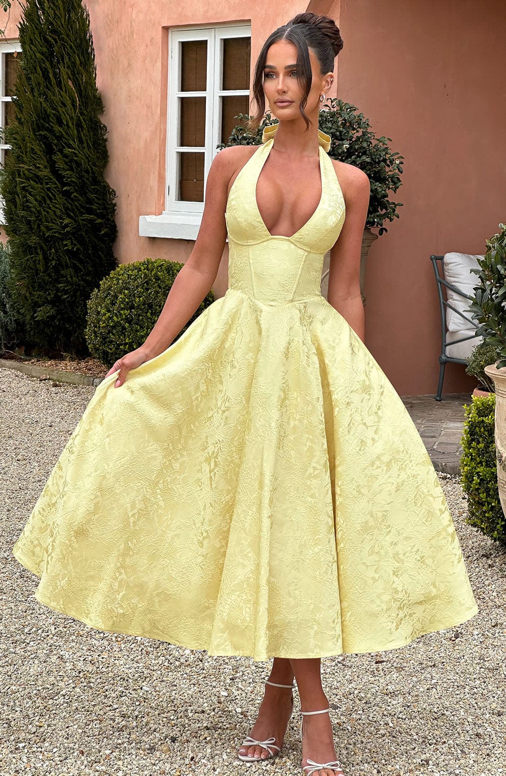 knee length dresses for ladies Letitia Lemon Scoop-Neck Embellished Wrap Midi Dress – Club L London