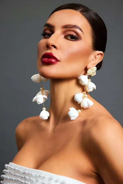 Camellia Earrings – White Flower &amp; Pearls