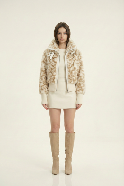 Julie Veste Courte Col Montant – Beige & Café