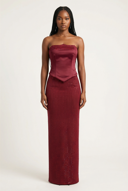 Clémence Ensemble Bustier & Jupe Longue – Rouge Vin