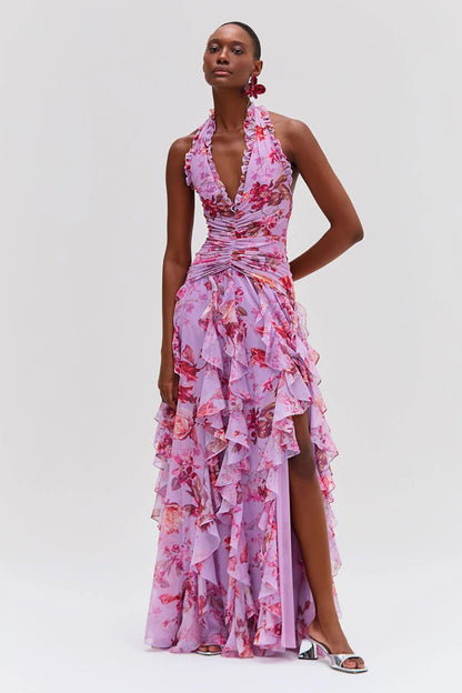 Paloma Long Dress - Deep Pink Floral Print