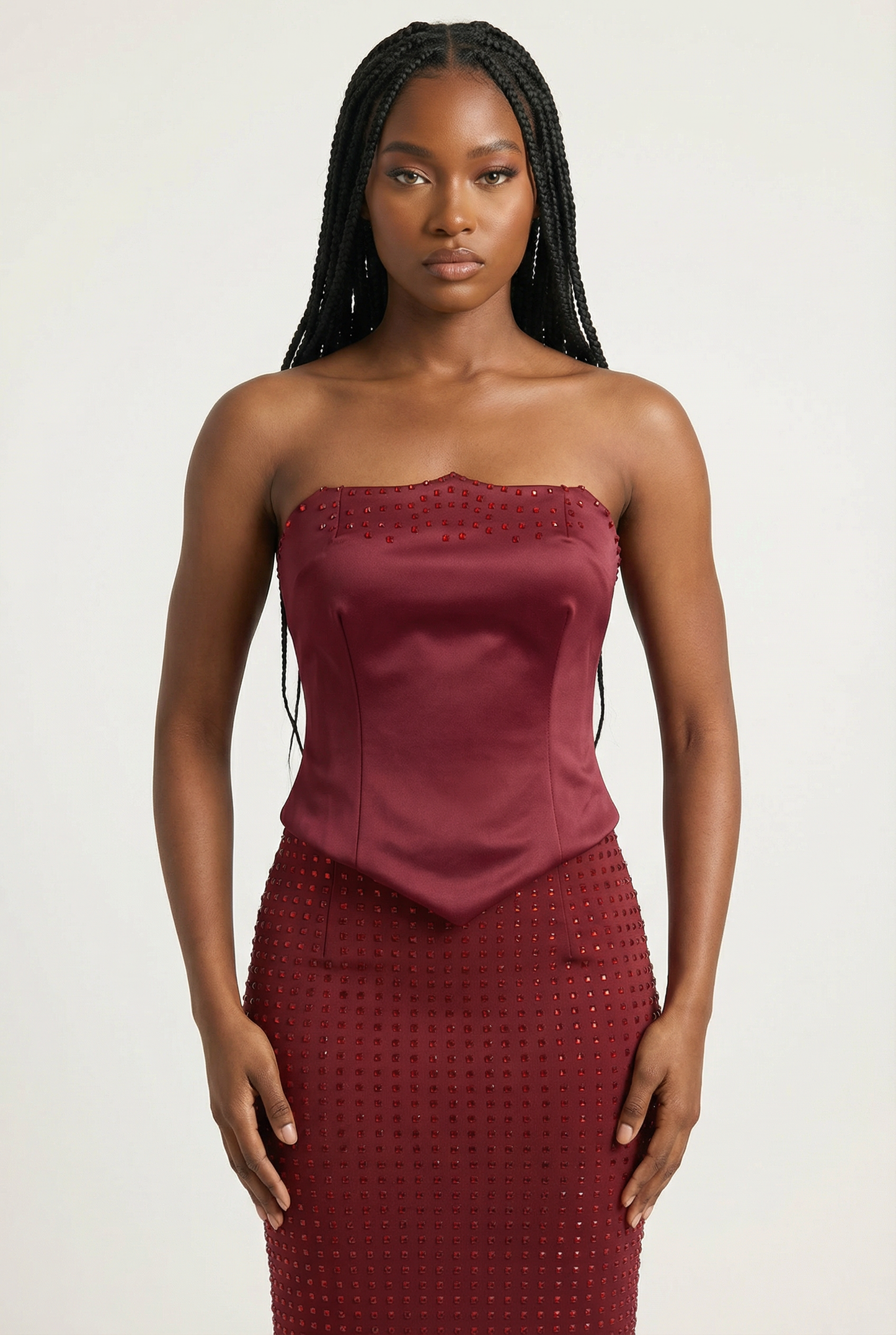 Clémence Ensemble Bustier & Jupe Longue – Rouge Vin