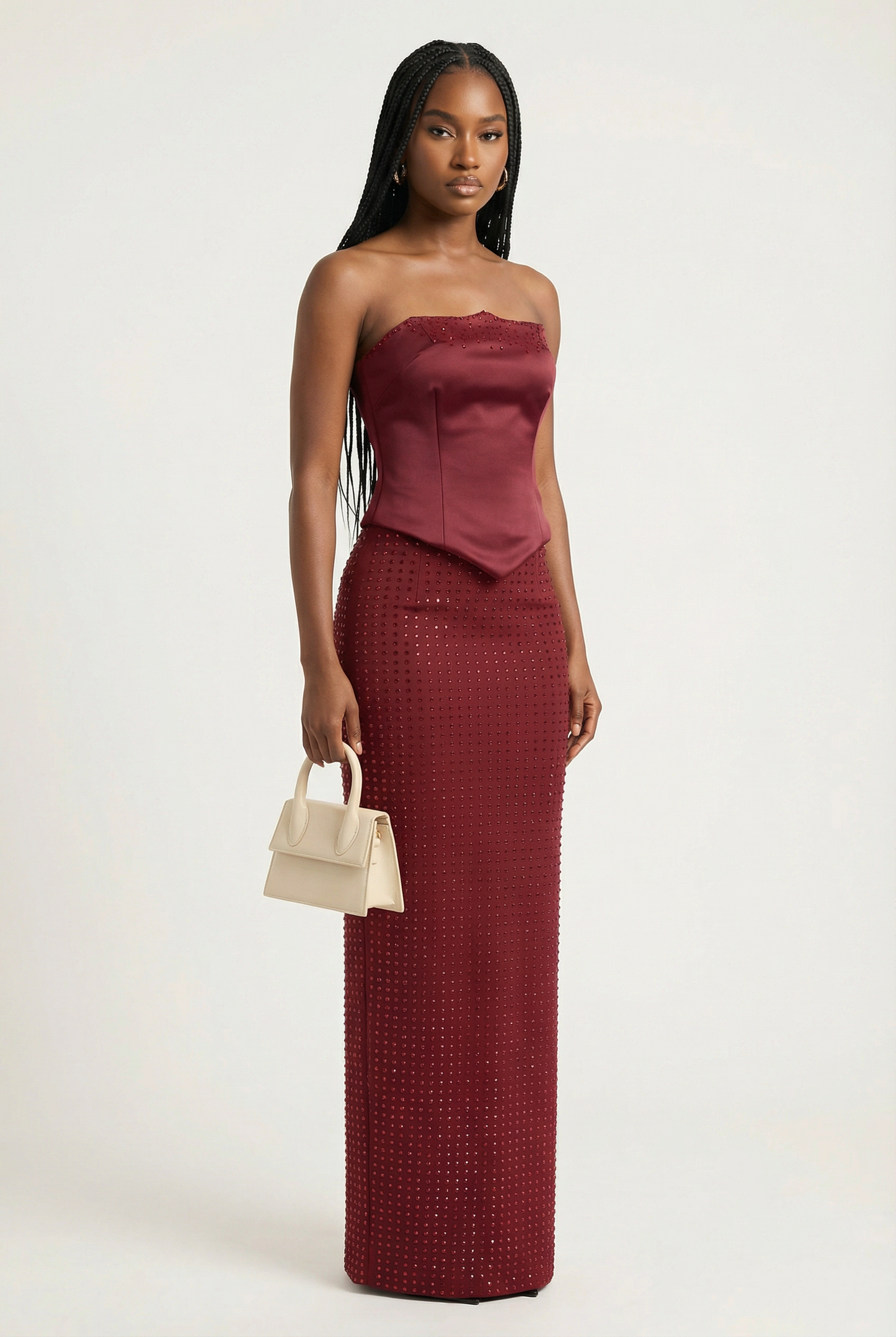 Clémence Ensemble Bustier & Jupe Longue – Rouge Vin