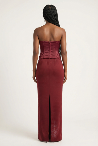 Clémence Ensemble Bustier & Jupe Longue – Rouge Vin