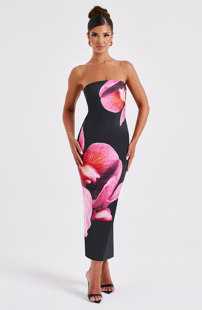 Robe mi-longue Allegra - Imprimé floral noir