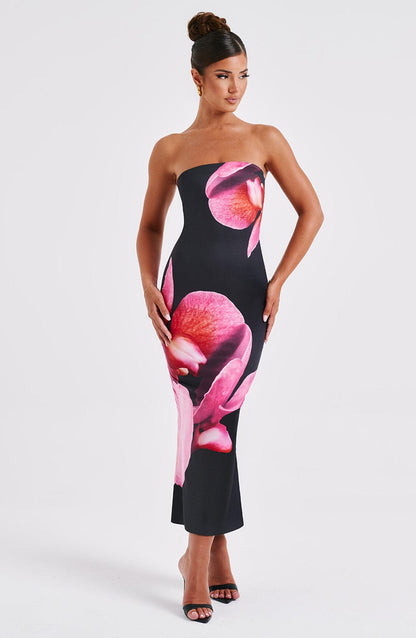 Robe mi-longue Allegra - Imprimé floral noir