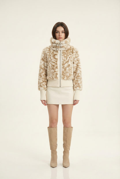 Julie Veste Courte Col Montant – Beige & Café