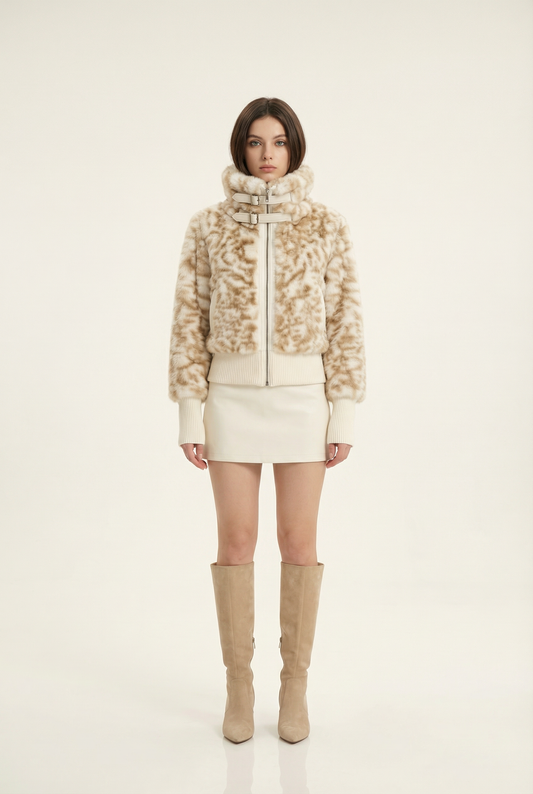 Julie Veste Courte Col Montant – Beige & Café