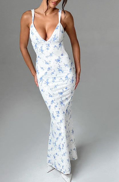 Robe longue Caoimhe - Imprimé petites fleurs bleues