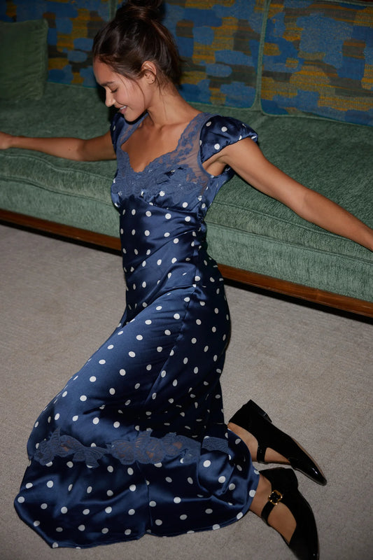Colette Robe Longue Bleu Marine à pois