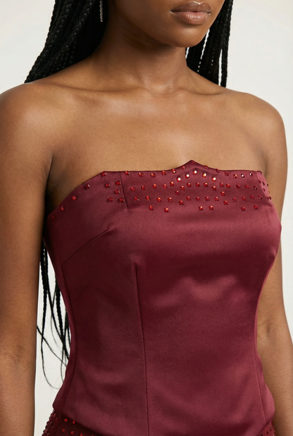 Clémence Ensemble Bustier & Jupe Longue – Rouge Vin