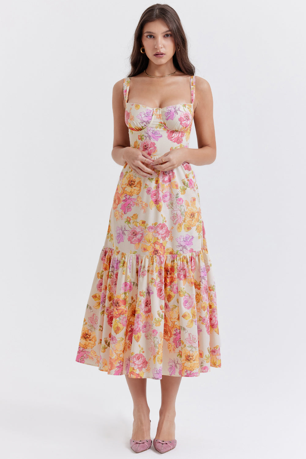 Coline Robe Mi-Longue Ivoire Floral