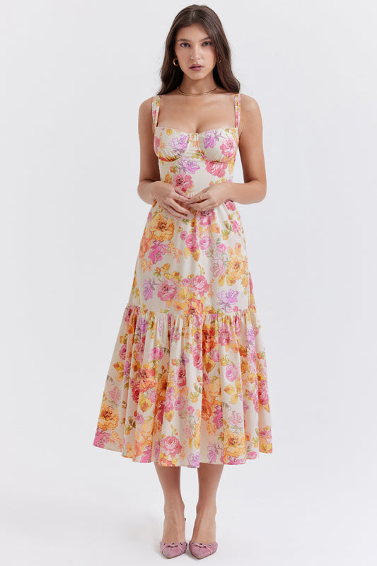 Coline Robe Mi-Longue Ivoire Floral