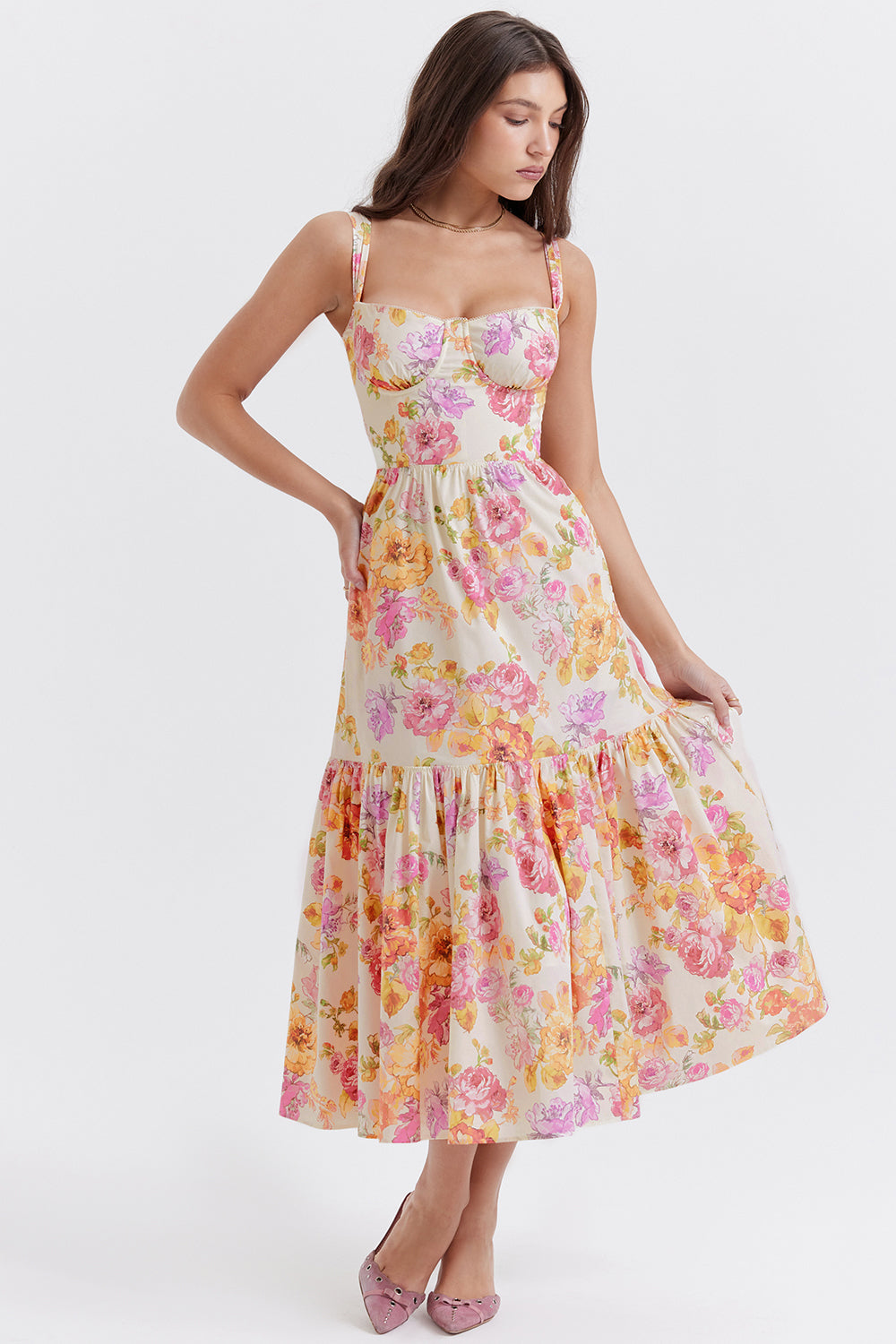Coline Robe Mi-Longue Ivoire Floral