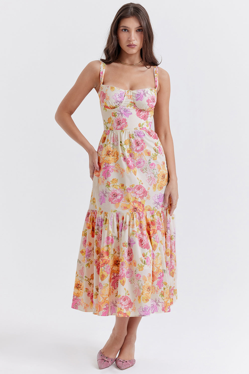 Coline Robe Mi-Longue Ivoire Floral