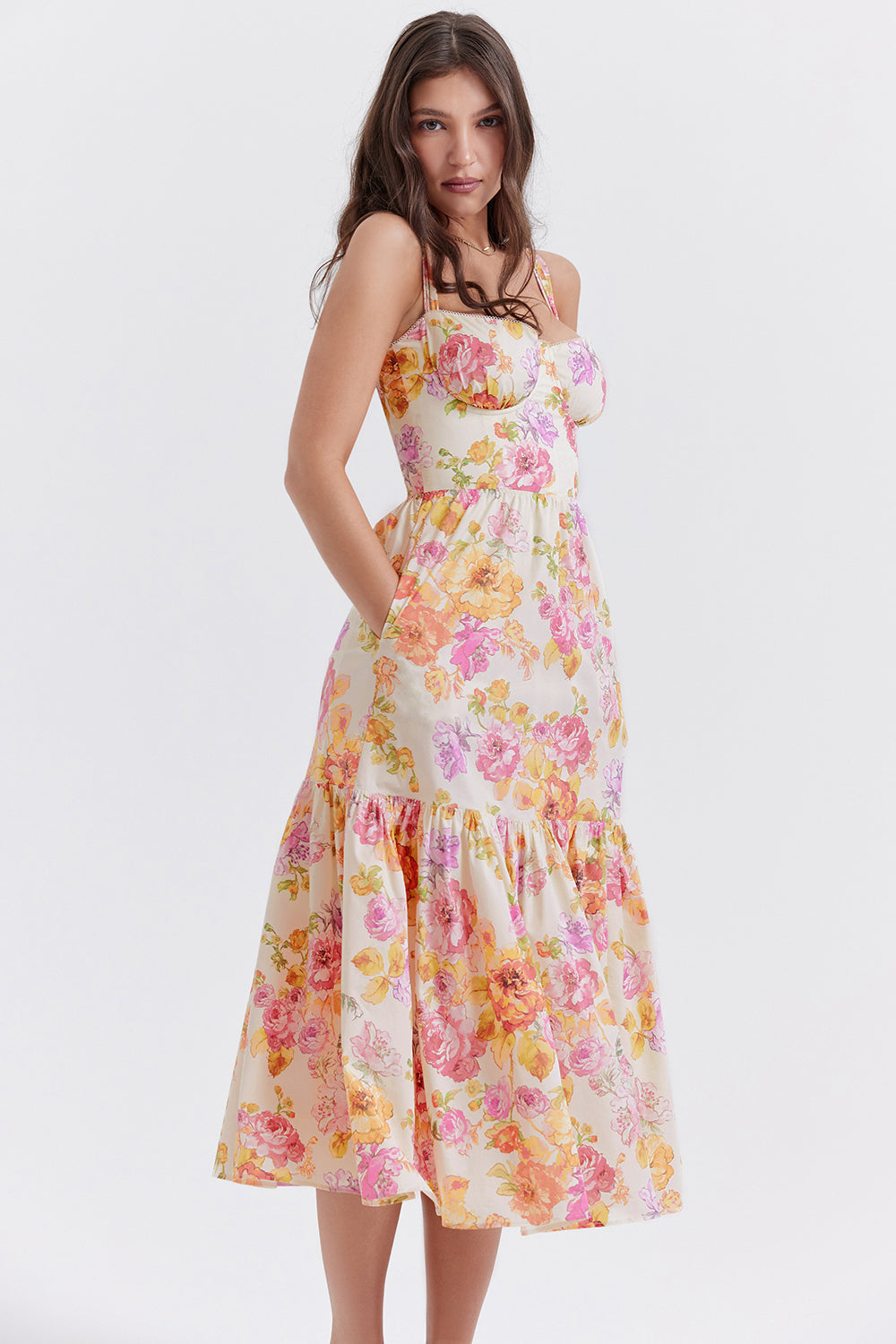 Coline Robe Mi-Longue Ivoire Floral