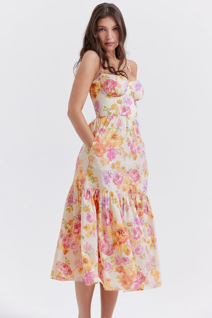 Coline Robe Mi-Longue Ivoire Floral