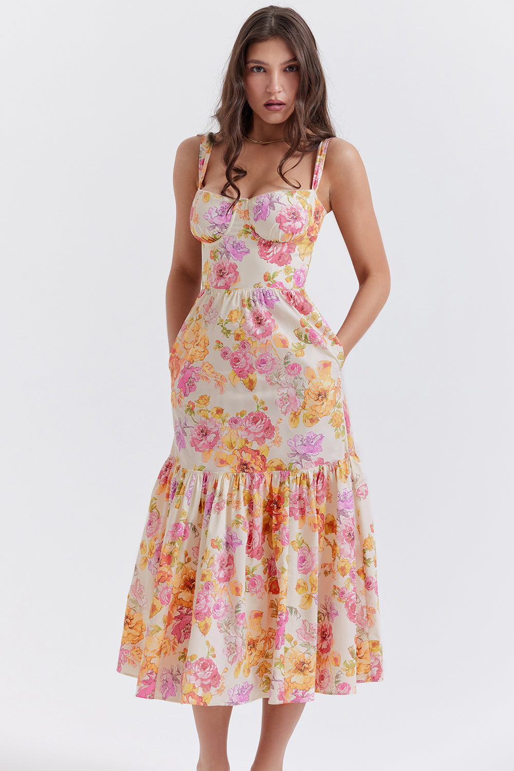 Coline Robe Mi-Longue Ivoire Floral