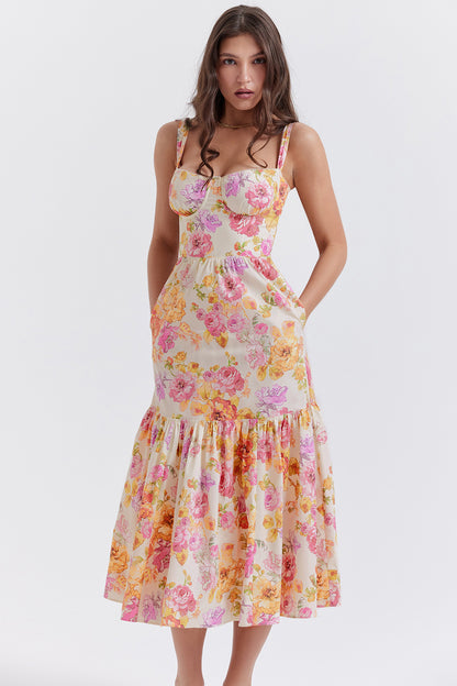 Coline Robe Mi-Longue Ivoire Floral