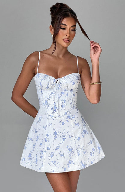 Robe courte en dentelle - Imprimé fleuri bleu