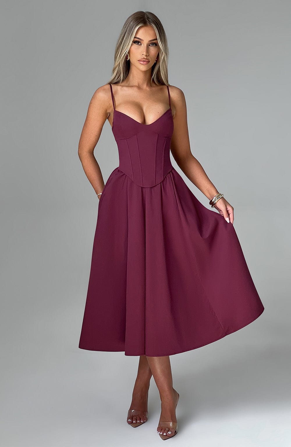 Robe mi-longue Mariella - Laque cerise