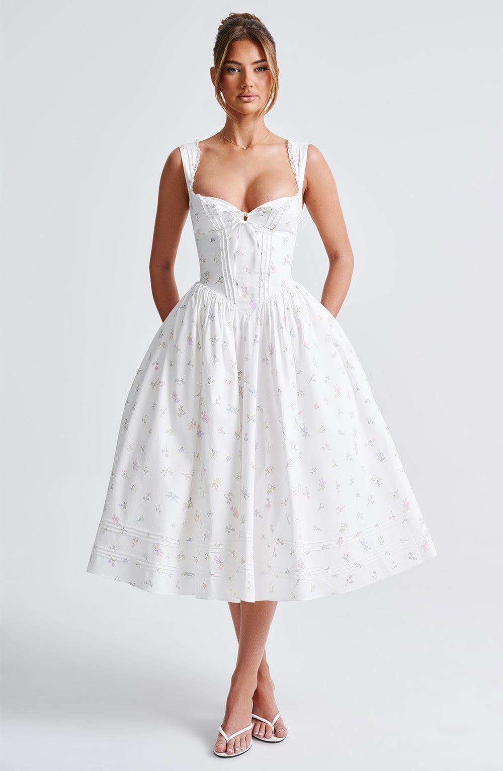 Robe mi-longue Marlena - Imprimé floral multicolore blanc