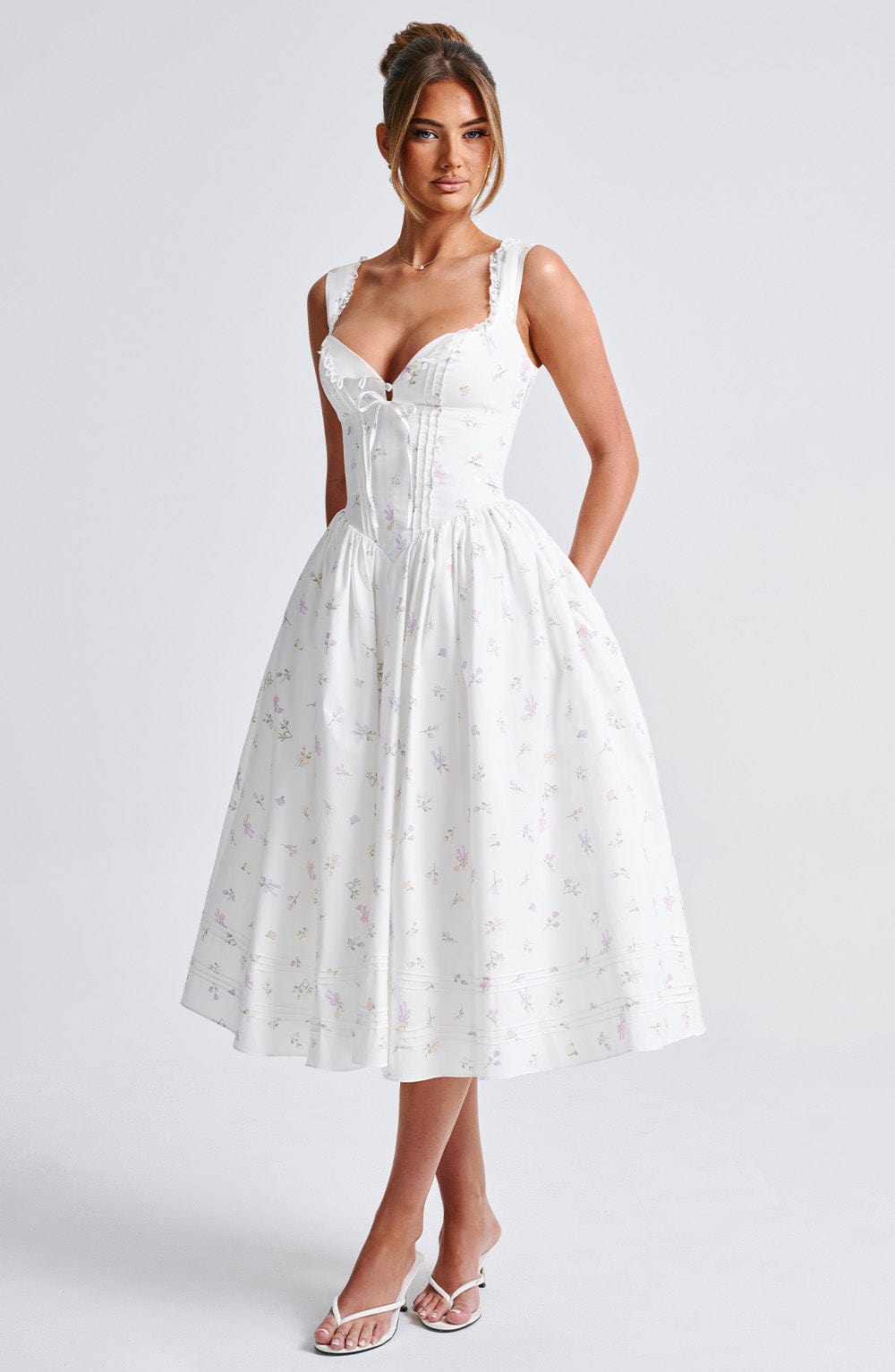 Robe mi-longue Marlena - Imprimé floral multicolore blanc