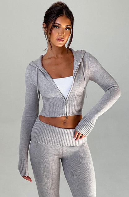 Sweat à capuche en tricot Portia - Gris clair chiné