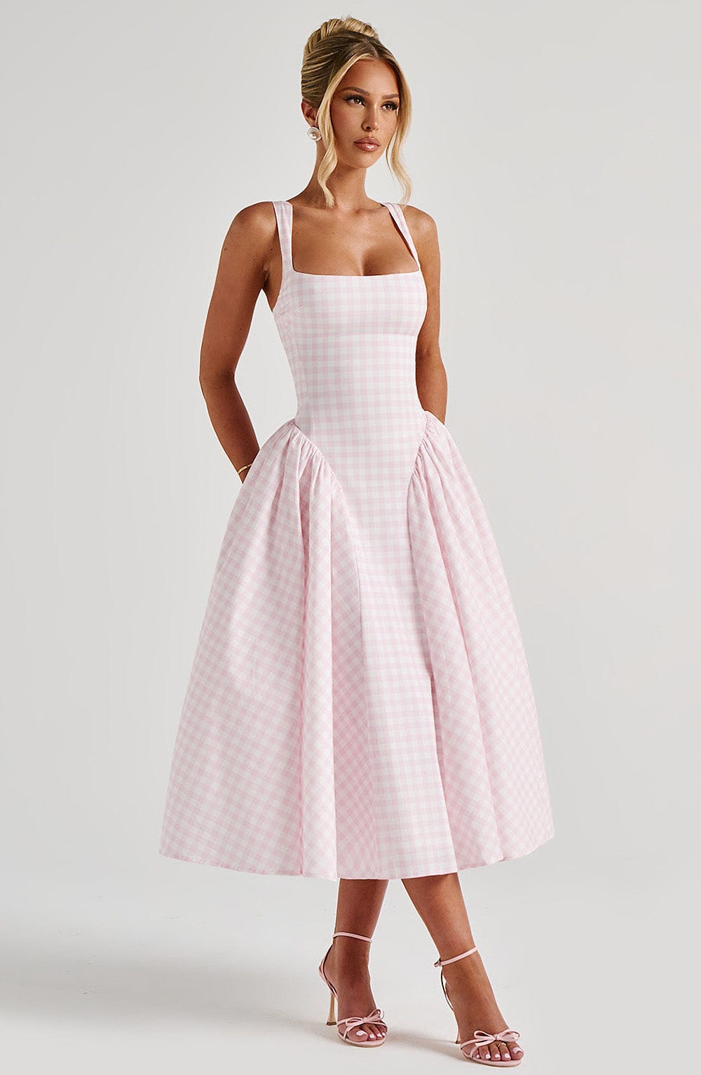 Sherrie Midi Dress - Powder Pink Gingham Aurlienne Paris Sherrie Midi Dress - Powder Pink Gingham Aurlienne Paris